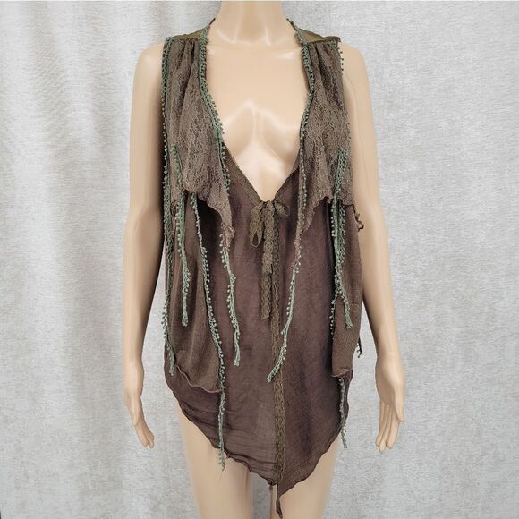 Pretty Angel Fairycore Boho Hippie Tie Front Vest Top Linen Blend Women's Size L - Picture 1 of 10